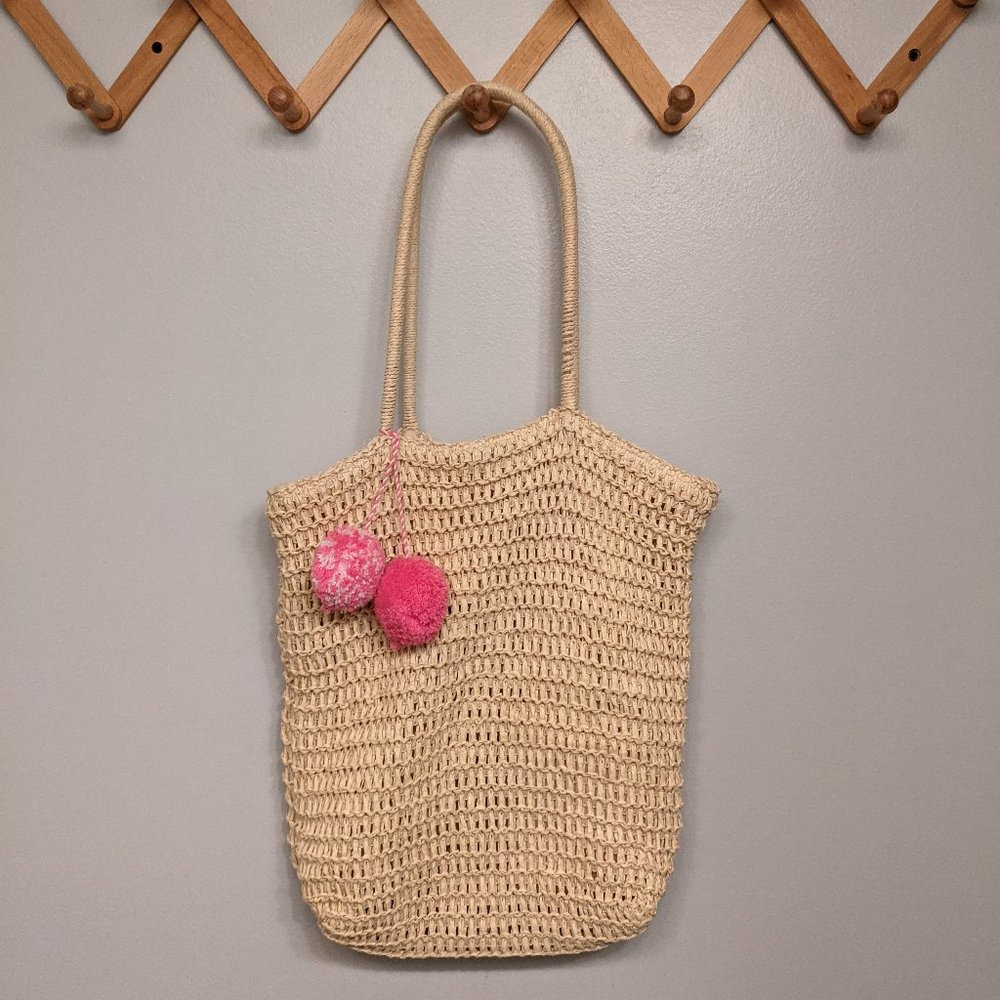 Woven Beach Bag w/ Pink Pom Poms